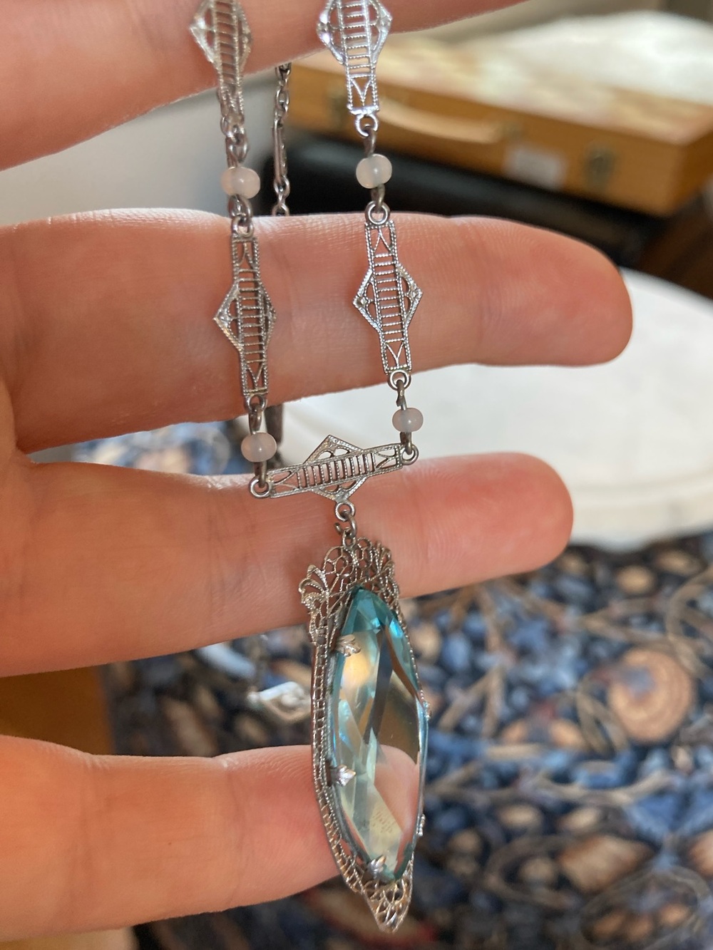 Antique Edwardian Choker Paste Aquamarine Blue Lavaliere Necklace “xxx” Motifs - Picture 6 of 16